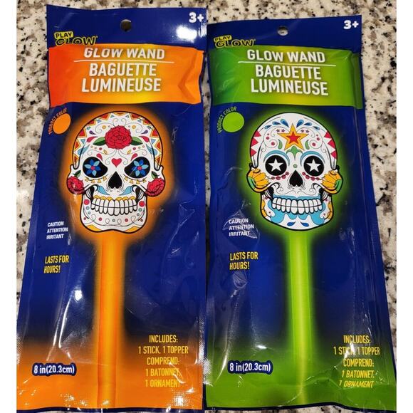 2 Glow in the Dark Glow Wand Stick ~ Day of the Dead Sugar Skull Halloween - Picture 1 of 3